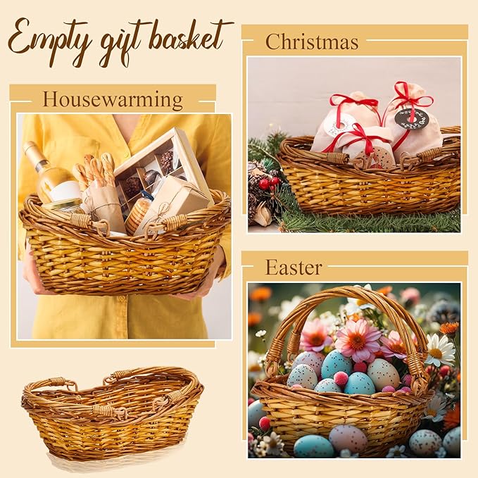 Sintuff 6 Pcs Wicker Picnic Basket with Handle Garden Harvest Empty Easter Eggs and Candy Basket Oval Willow Woven Storage for Organizing, Fruit Egg Storage Gathering Wedding Gifts (Natural)