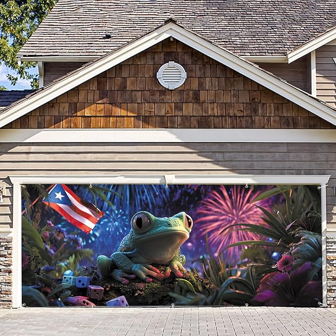7 * 16FT Summer Puerto Rico Garage Door Cover Decorations Sunset Palm Trees Garage Door Banner for Outdoor Indoor Summer Party Photography Backdrop