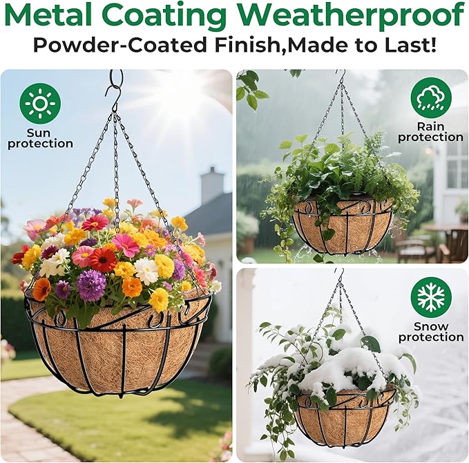 AMAGABELI GARDEN & HOME 4 Pack 12 Inch Metal Plant Hanging Baskets Planter Flower Pots Outdoor Indoor Wire Hanging Basket for Vegetable with Coco Fiber Liners for Garden Home Porch Decor