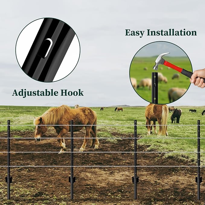 20 Pack Metal Garden Fence Posts 5 FT Black – Heavy Duty U-Post for Wire Fencing, No-Dig Fence Stakes for Temporary Fencing, Corner Anchor Posts, Rustproof Powder-Coated Steel for Farm, Yard & Garden