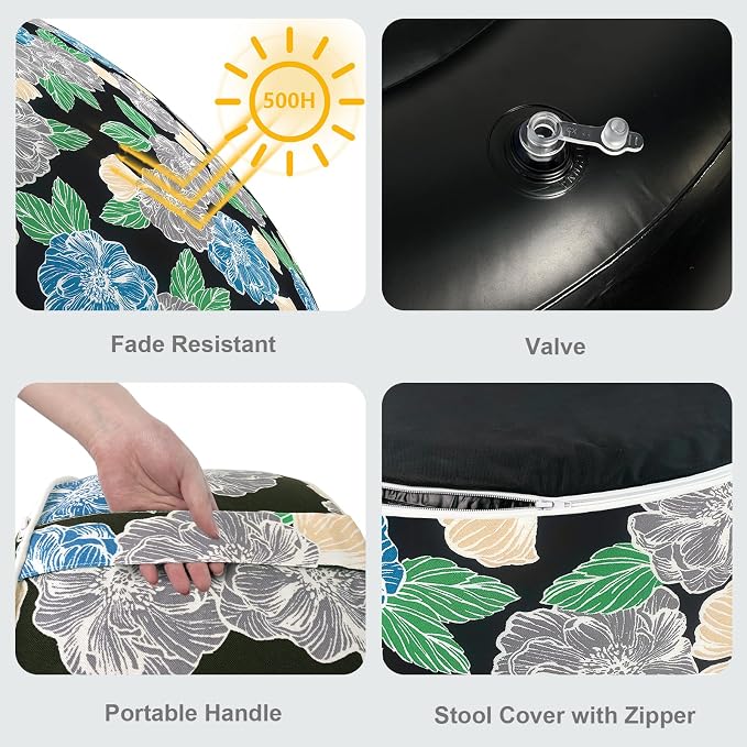 LVTXIII Inflatable Stool Ottoman Footrest with Handle, Decorative Fade-Resistant Foot Stool, Indoor or Outdoor Pouf for Home Garden and Camping Use, 21x21x9, Peony Garden