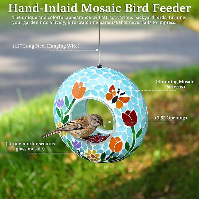 SAVENNA Mosaic Glass Hanging Bird Feeder, 8 Inch Handcrafted Outdoor Feeder with Steel Wire Rope, Decorative Garden & Patio Feeder for Wild Birds, Colorful Floral Mosaic Design