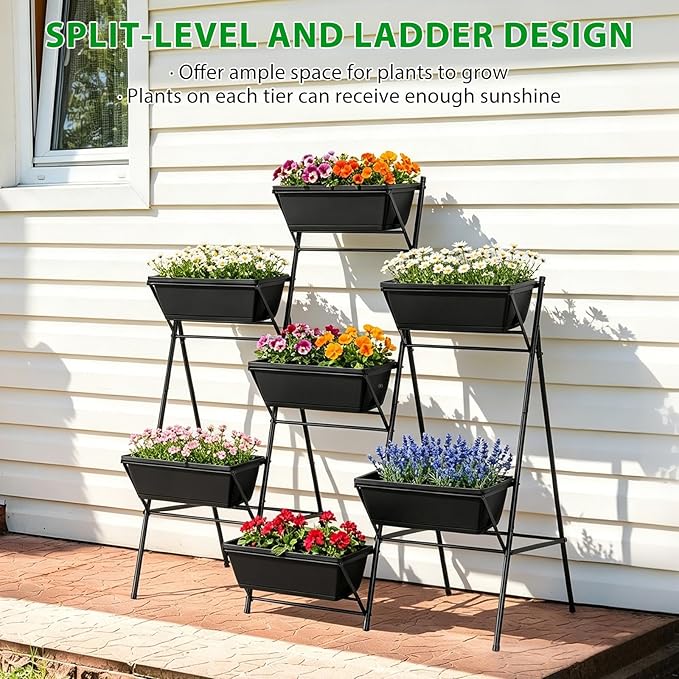 Raised Garden Bed Tiered Vertical Garden Planters Outdoor 7 Planter Boxes with Legs Indoor Elevated Herbs Flowers Vegetables Garden Box for Backyard Patio Balcony, Black