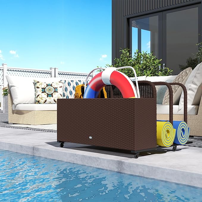 Outsunny Wicker Patio Pool Float Storage Basket, PE Rattan Outdoor Pool Caddy with Rolling Wheels for Floaties, Noodles, Life Vests, Beach Balls, Patio Furniture, Brown