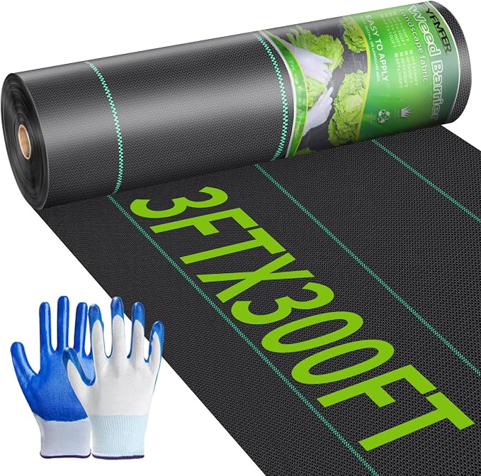 3ftx300ft Weed Barrier Landscape Fabric Heavy Duty, Woven Weed Control Cloth, Woven Geotextile Fabric for Underlayment, Commercial Driveway Weed Block Cover Mat,with 1 Pair of Gloves
