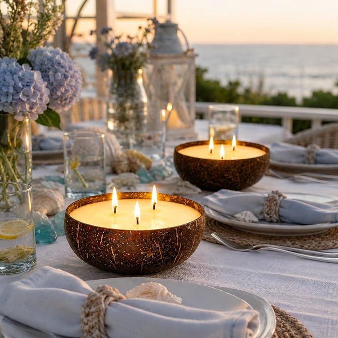 Viyffo 18oz Large Citronella Candles Outdoor, 3 Wick Citronella Candle, Natural Coconut Shell Jar, Non Toxic Soy Candle for Patio, Backyard, Deck & Camping, Rustic Decor Gift (with Fireproof Mat)
