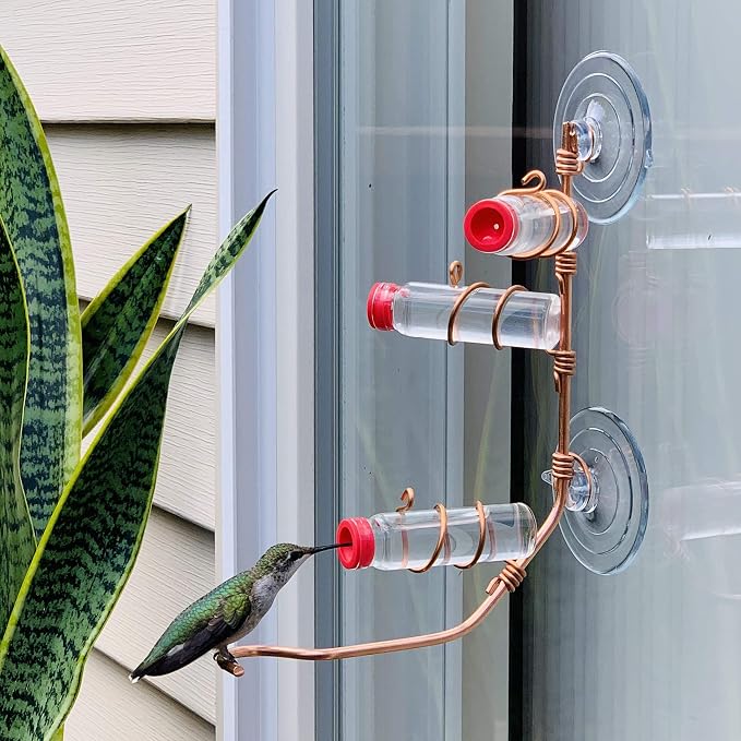 Window Hummingbird Feeder | Handcrafted Copper and Aluminum | Multiple Stations | Modern Hummingbird Feeder | Glass Bottles | Suction Cups (Copper, Three Station)