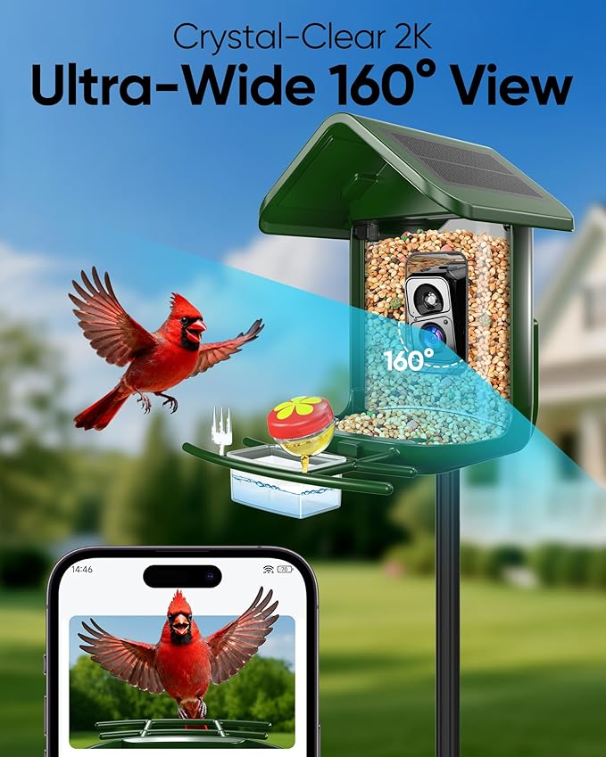 Bird Feeder with Camera Solar Powered - Smart Bird Feeder Camera 2K HD Live Stream, 5MP Photos, AI Identification for Backyard, 2.4Lb Large Capacity, Gifts for Mom Dad, Green