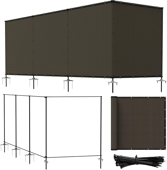 Bynbbur 5'x107' Outdoor Privacy Screen Freestanding with Iron Poles and Stakes, Temporary Dog Fencing, Backyard Divider, Metal Garden Fence for Pool Patio Barrier Border, Brown