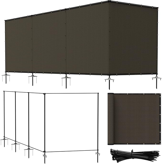 Bynbbur 6'x121' Outdoor Privacy Screen Freestanding with Iron Poles and Stakes, Temporary Dog Fencing, Backyard Divider, Metal Garden Fence for Pool Patio Barrier Border, Brown