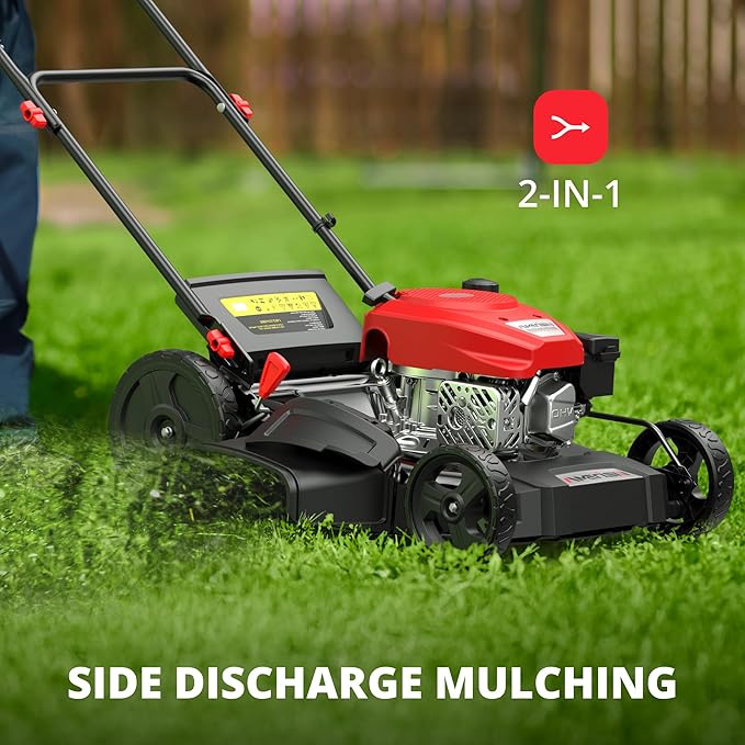 AMERISUN 21" Gas Lawn Mower, 2-in-1 Mulching & Side Discharge, 144cc Engine, 6-Position Height Adjustment, Foldable Handles for Lawn, Yard, and Garden Maintenance