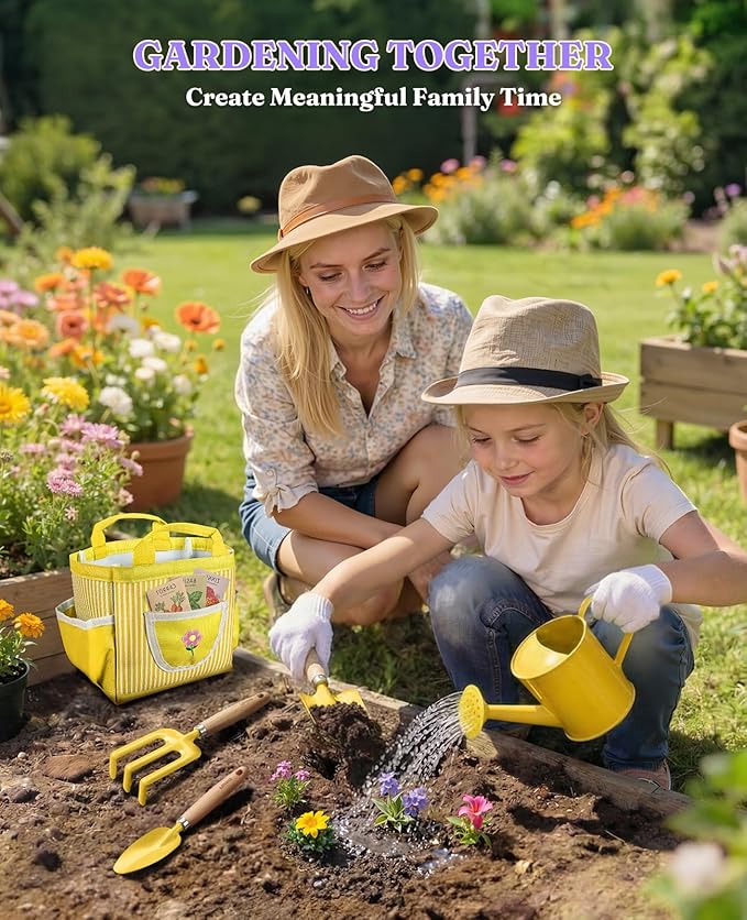 8Pcs Kids Gardening Set with Metal Basket & Real Metal Tools, STEM Outdoor Kit, Ergonomic Wooden Handles, 3 Shovels, Rake, Watering Can, Gloves, Gift for Toddler Boys Girls, Yellow