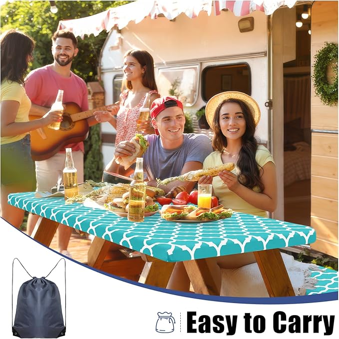 Smiry Picnic Table Cover with Bench Covers, Waterproof Elastic Fitted Tablecloth for 6 Foot Tables, Washable Polyester Tablecloths for Camping, Indoor & Outdoor (Teal, 30x72 Inch 3-pc Set)
