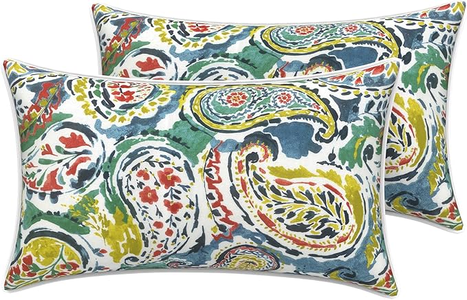 LVTXIII 2 Pack Outdoor Lumbar Pillow Covers 12x20 Inch with Piping, Water-Repellent Back Cushion Covers ONLY for Patio Furniture, Sofa, Garden Bench, Paradise Paisley