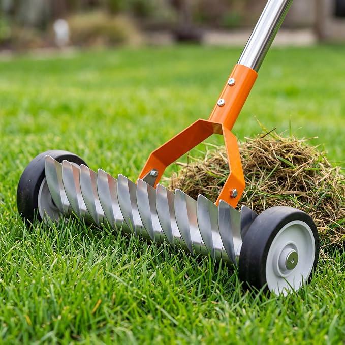 Thatch Rake for Lawn Dethatcher 15 Inch Heavy Duty Metal Rake with Wheels,Adjustable Long Handle Garden Rake for Loosening Soil Gathering Leaf