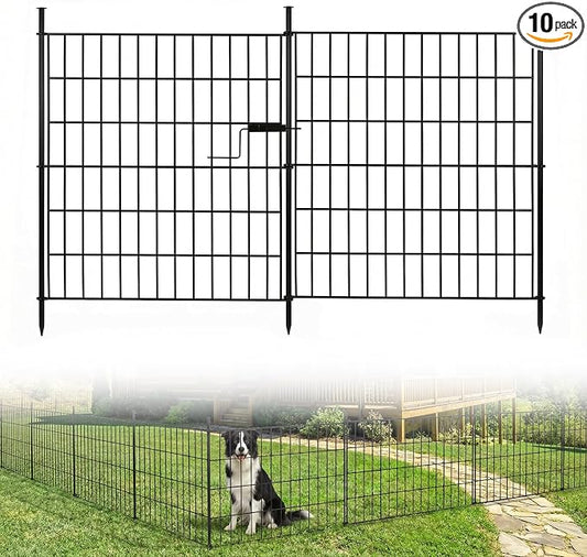 10 Panels No Dig Decorative Outdoor Garden Fence with Gate, 32in (H) x 23.6ft (L) Rustproof Metal Wire Rabbit Dog Garden Border Fencing for Yard, Animal Barrier with Ground Stakes for Patio