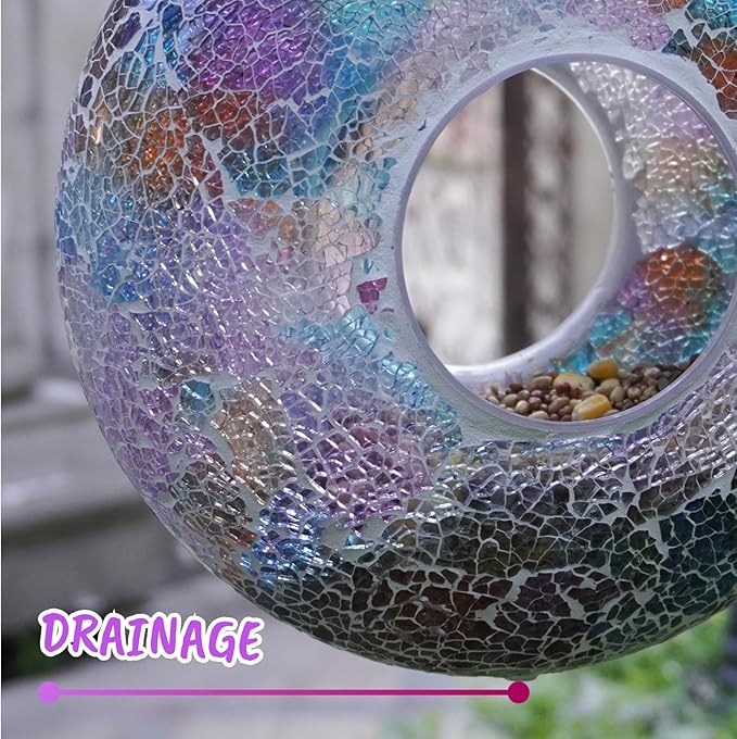 Solar Fly Through Bird Feeder with Mosaic Glass – Handmade Outdoor Hanging Feeder, 1lb Capacity, Solar Lights, Weatherproof & Bird Lover Gift (9.25” Doughnut, Tesserae)
