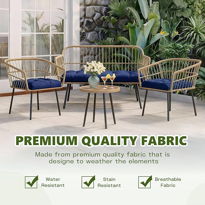 Wicker Chair Cushions Set, 2 U-Shaped Cushions & 1 Loveseat, Waterproof Outdoor Loveseat Cushion for Patio Furniture, Settee Bench Pad All Weather,Navy Blue