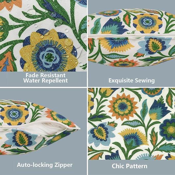 LVTXIII 2 Pack Outdoor Lumbar Pillow Covers 12x20 Inch with Piping, Water-Repellent Back Cushion Covers ONLY for Patio Furniture, Sofa, Garden Bench, Fiesta Floral