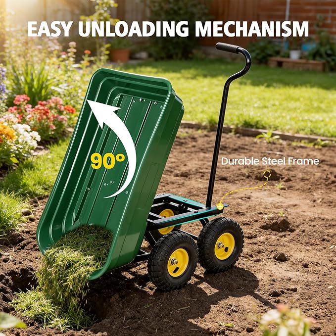 Heavy Duty Garden Dump Cart - 600lbs Load Capacity, 10" All-Terrain Wheels, Quick-Release System, Durable Poly Bed, 180° Rotating Handle, Yard Cart for Landscaping, Farm, and Outdoor Work