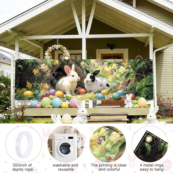 Happy Easter Bunny Fence Banner 118 x 35 Inch, Large Waterproof Outdoor Easter Banner with Cute Rabbits & Colorful Eggs for Yard Porch Fence Spring Party Decorations