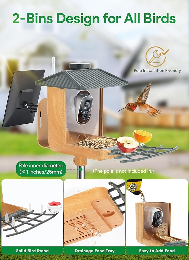 Osoeri Smart Bird Feeder with Camera, 1080P HD AI Identify & Capture Bird Videos, Auto Motion Detection, DIY Add-ons & Hummingbird Feeder, Wood Color-2 Bins