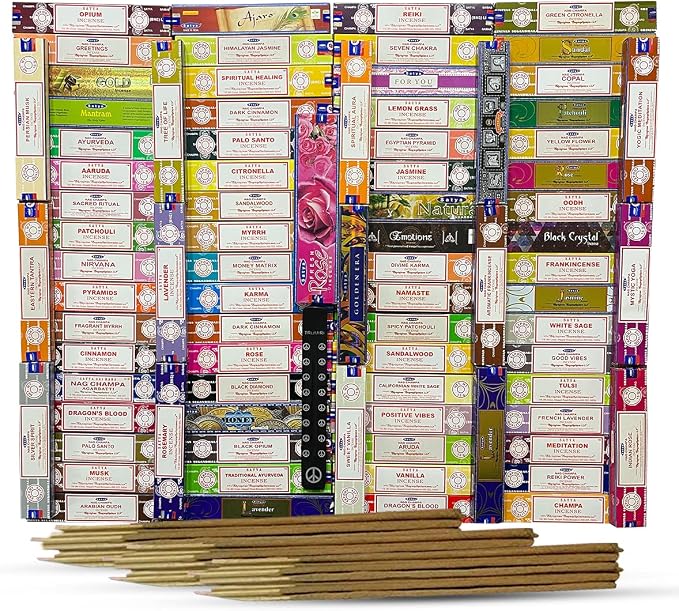 Satya Incense Sticks Variety Pack of 12 Randomly Selected Fragrances and Incense Stick Holder Bundle Total 180 Sticks