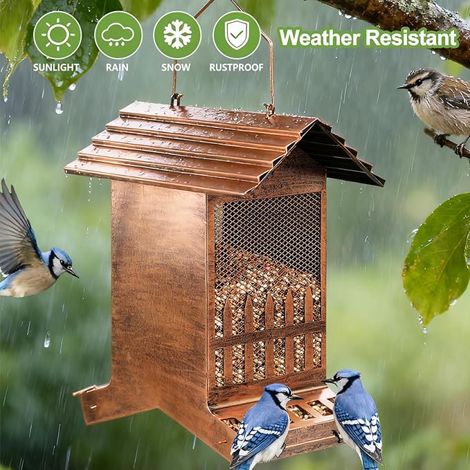 Large Bird Feeder, Extra Large 8 Lbs Capacity with 2-Side Feeding, Weatherproof Wasteproof Hanging Metal Bird Feeders for Outdoor, Easy to Clean & Refill