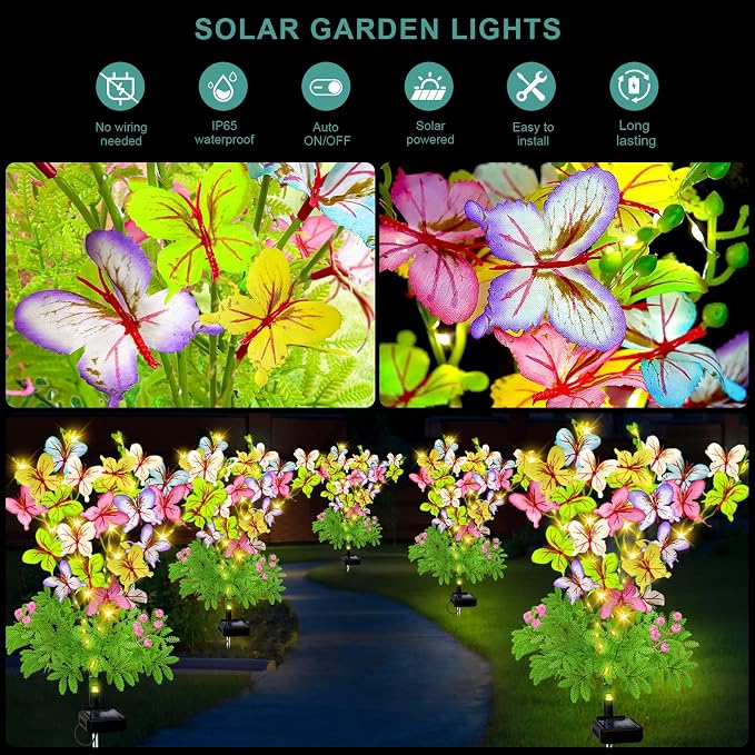 VOOKRY Butterfly Solar Garden Lights Outdoor, 2 Pack Solar Flower Garden Decor, Waterproof Decorative Lights for Outside Patio Yard Pathway Lawn Grave Cemetery, Gardening Gifts for Women Mother's Day