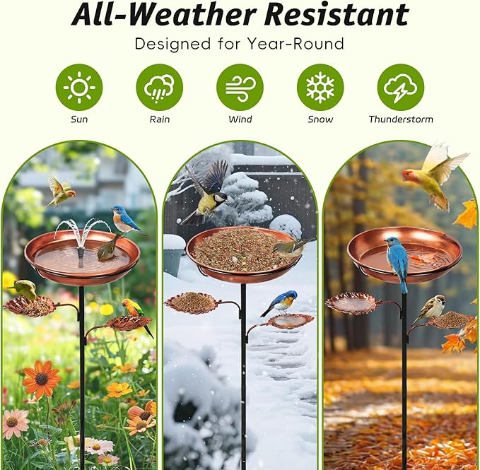 DRQ 35'' Metal Bird Bath for Outside, 12'' Dia × 2'' Deep Birdbath Bowl, Bird Feeder with 6.5'' 5-Pronged Base for Garden Decor, Patio, Yard, Lawn – Vintage Brown