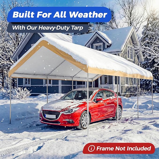 12x20 FT Carport Canopy Replacement Cover, Heavy Duty Car Garage Top Tent Shelter Tarp, Waterproof & UV Protected, Easy Installation with Ball Bungees, Beige (Frame Not Included)