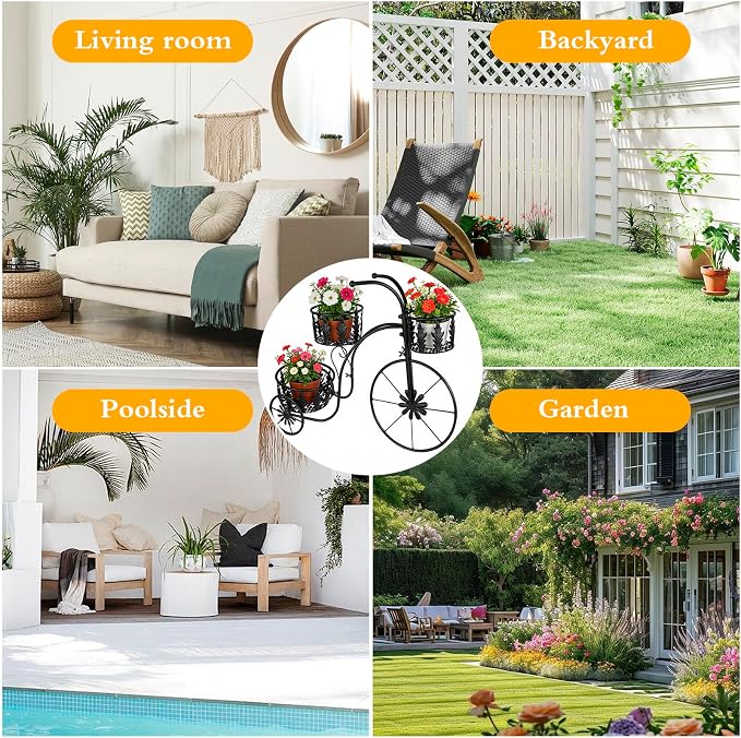 Metal Bicycle Planter Stand, 3 Tier Flower Pot Stand Cart with 3 Plant Buckets, Outdoor Garden Decorative Planter for Yard Patio Lawn Flower Shop Home Decor (Black)