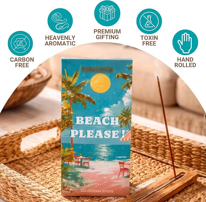 Folkulture Incense Sticks (120 Sticks)| Beach Vibes Ocen Salt Summer Incense for Odor Neutralizer, Relaxation, Aromatherapy | Long Burning, Charcoal-Free, Non-Toxic Insence-Sticks for Summer Gifts