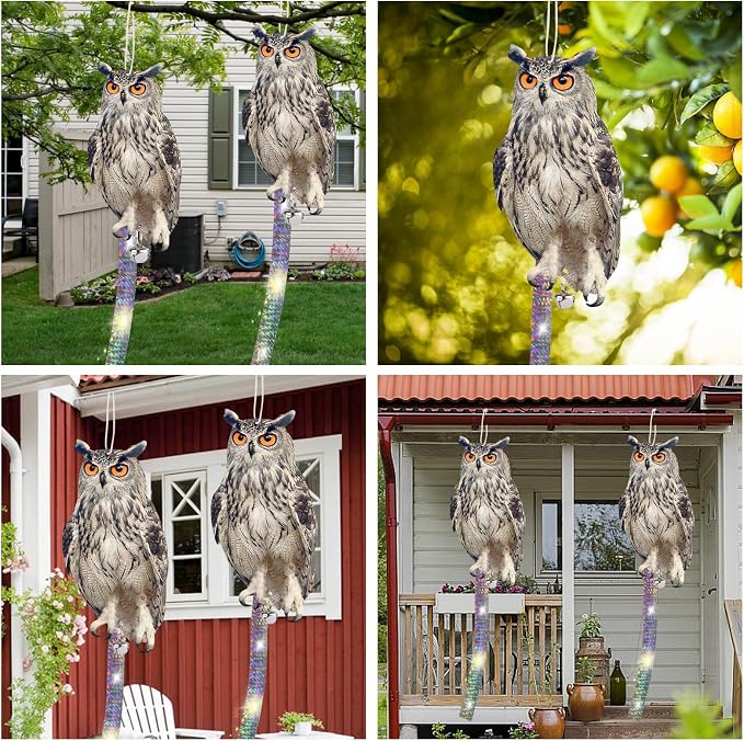 3PCS Hanging Effective Fake Owl Control Device Dual-Side Outdoors Owl with Reflective Tape for Patio Yard Outdoor Front Porch Backyard Windows
