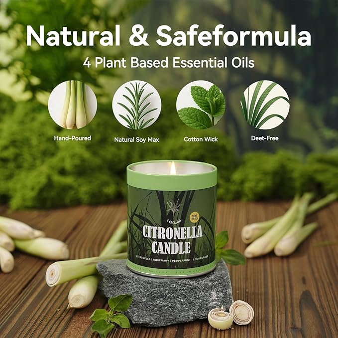Citronella Candles Outdoor Set, 4 Pack Jar Candle for Patio Camping Backyard Picnic, Infused with 5 Plant Essential Oils, 9 Oz Non Toxic Candles, Scented Candles Sets Gifts for Men Women