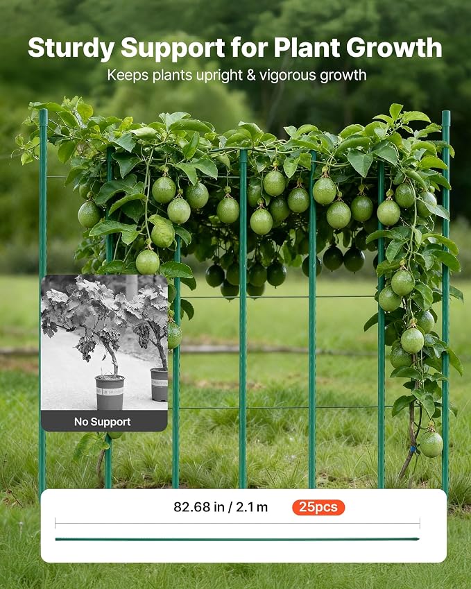 VEVOR Garden Stakes, 25 Pack, 82.68 inch, Plastic Coated Metal Tomato Stakes, Garden Sticks for Plants Support, with Pointed End and Non-Slip Bumps for Growing Climbing Plants, Outdoor Vegetables