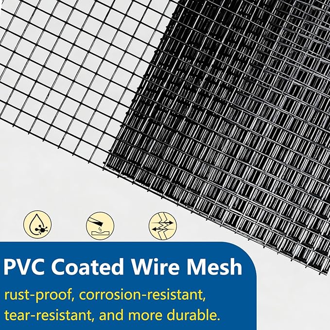 Black Hardware Cloth 1/2 inch 19Ga PVC Coated Wire Mesh Vinyl Coated Fence Welded Metal Chicken Wire Fencing Roll (1/2 inch 16in x 10ft)