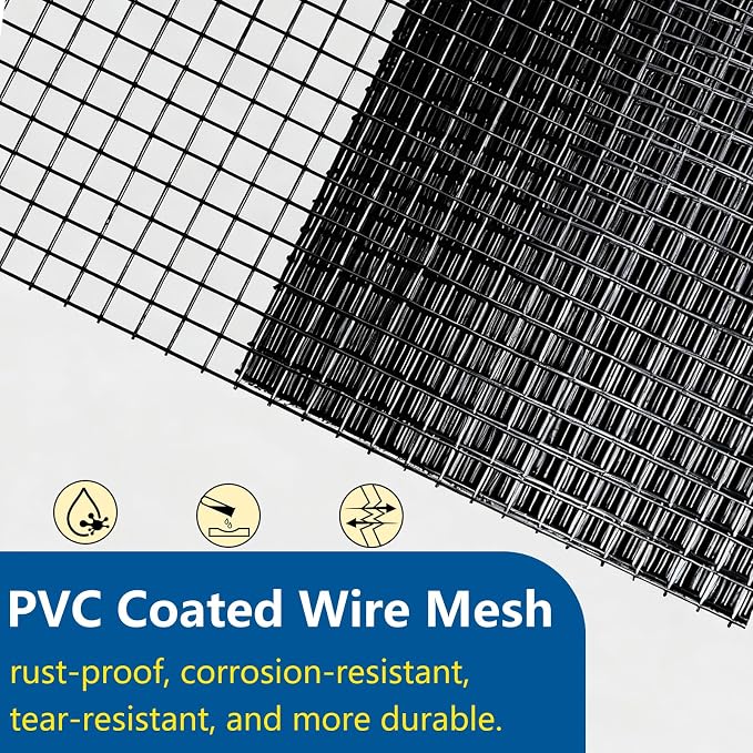 Black Hardware Cloth 1/2 inch 19Ga PVC Coated Wire Mesh Vinyl Coated Fence Welded Metal Chicken Wire Fencing Roll (1/2 inch 48in x 100ft)