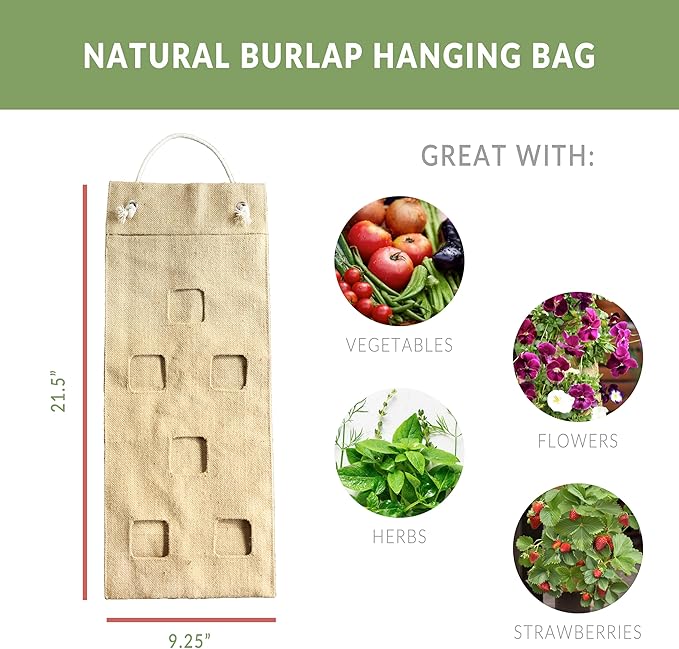 HANG & GROW Burlap Hanging Planter Bags for Outdoor Plants, Vertical Flower Hanging Bag for Easy Outside Garden Decoration, Reusable for Flowers, Strawberry, Vegetables and Herbs, (1 Bag, 6 Holes)