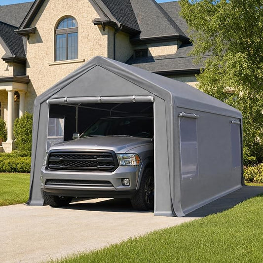 HOTEAGLE Storage Shed, Carports Car Tent 10X20 Ft | 3/4 inch Thick Support Rods & Bolted Frame (Not Socket), Rolled Up Doors and Ventilation Window