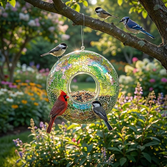 Topadorn Wild Bird Feeder Fly Through Garden Hanging Bird Feeder Mosaic Circle Squirrel Proof for Outdoor Decoration, Green