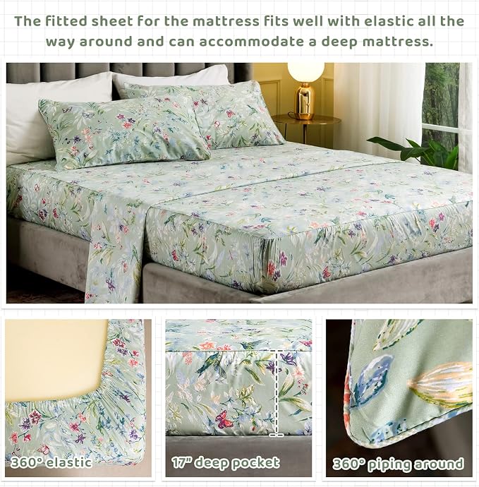 QSH 100% Egyptian Cotton Cal King Sheets, Green Flower Bird Butterfly Pattern Luxury Cotton Printed Flower California King Bedding Sheets, 4pcs Deep Pocket California King Floral Bed Sheet Set