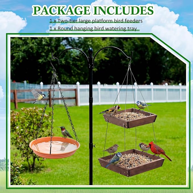 2 Tier Large Platform Cedar Bird Feeders with Round Hanging Birds Watering Tray, Bird Bath, Wooden Mesh Seed Tray Platform for Outdoors Garden Decor, for Cardinal Blue Jay