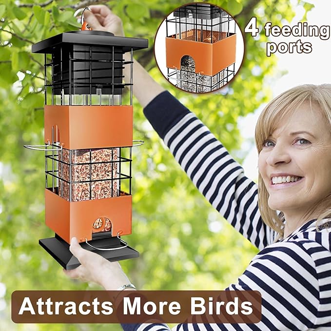 Squirrel Proof Bird Feeder for Outside, 3Lbs Metal Anti-Squirrel Bird Feeders for Outdoors, Weight-Activated Perches Hanging Wild Birdfeeder for Blue Jay, Cardinal (Brown)