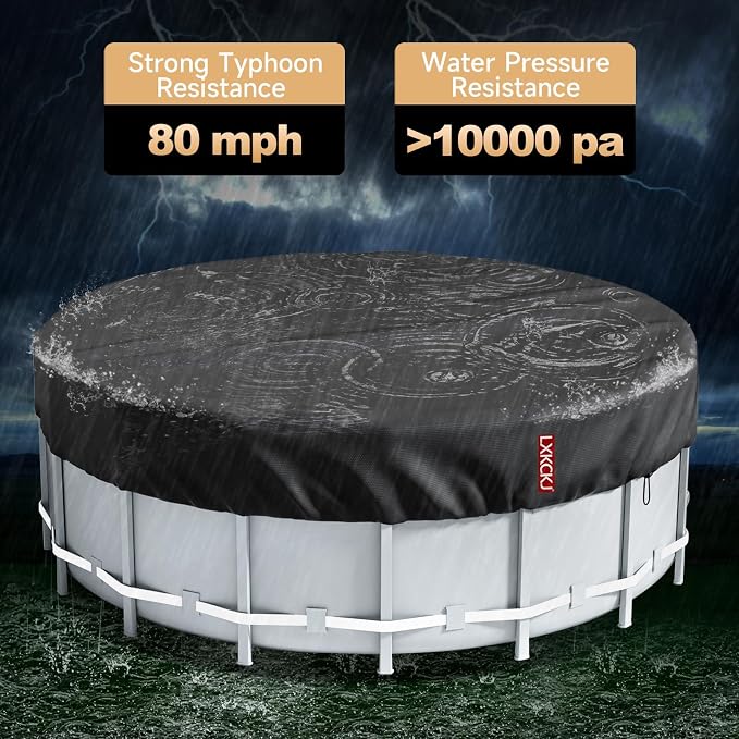 LXKCKJ 18 FT Pool Cover for Above Ground Pools, Round 420D Oxford Tarp | Tear-Resistant, Waterproof , Windproof With Buckles & Ground Nails Set, UPF50+ UV Protection, Cold-Resistant, Keep Pool Clean