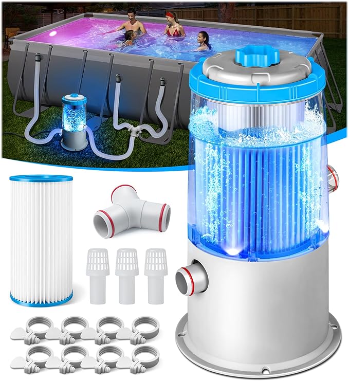 KimPump 1000 GPH Light-Up Pool Filter Pump for Above Ground Pool|Built-in Blue LED Light,Transparent Housing for Real-Time Water Circulation &Filtration Monitor, Pool Cartridge Filter Pump System Cyan