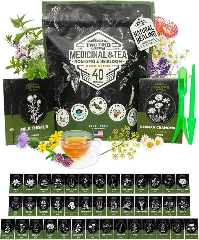 Tactiko Survival 40 Medicinal & Tea Herb Seeds Variety Pack, Indoor & Outdoor Herbal Garden Kit, USA Grown Heirloom Non-GMO, Herbal Seeds for Teas, Resealable Mylar Bag for Long-Term Storage