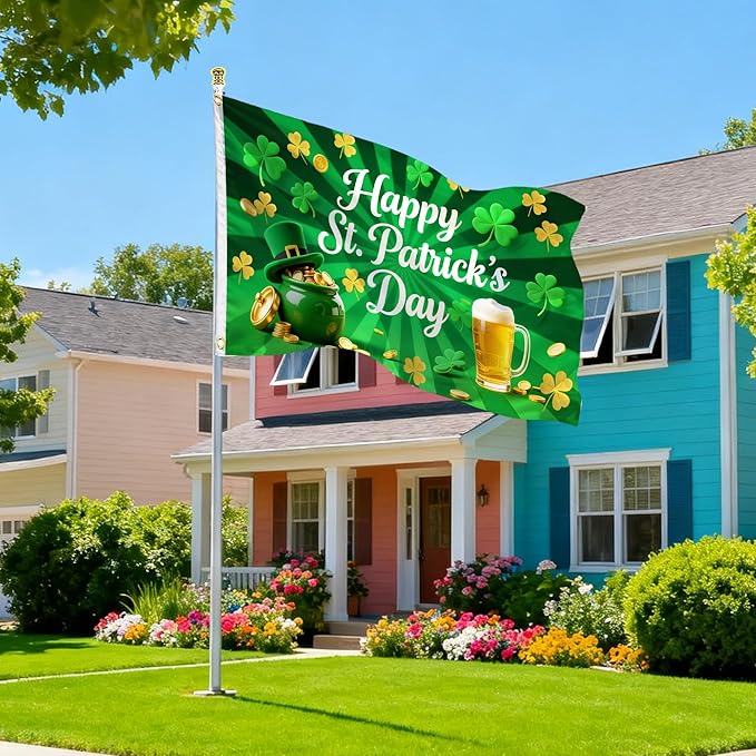 St Patrick's Day Flags 3x5 Outdoor Double Sided Flag 5x3 Ft Green Shamrocks Irish Holiday Decorations – Durable Polyester St Patricks Day Banner with White Header & 2 Brass Grommets for Yard House Garden