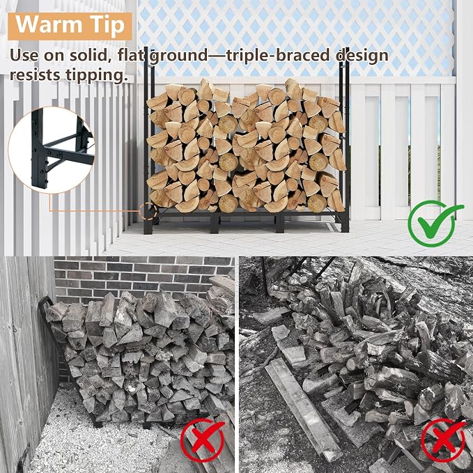 C-Hopetree 4Ft Outdoor Indoor Firewood Rack, Adjustable Metal Log Holder for Fireplace, Heavy Duty Wood Pile Storage Organizer Stacker Stand, Black
