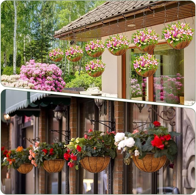 Rtteri 8 Pcs 8 Inch Hanging Baskets for Plants Outdoor with Metal Wire Frame and Coconut Coir Liners, Round Wire Hanging Baskets with Chain for Patio Garden Porch Decoration